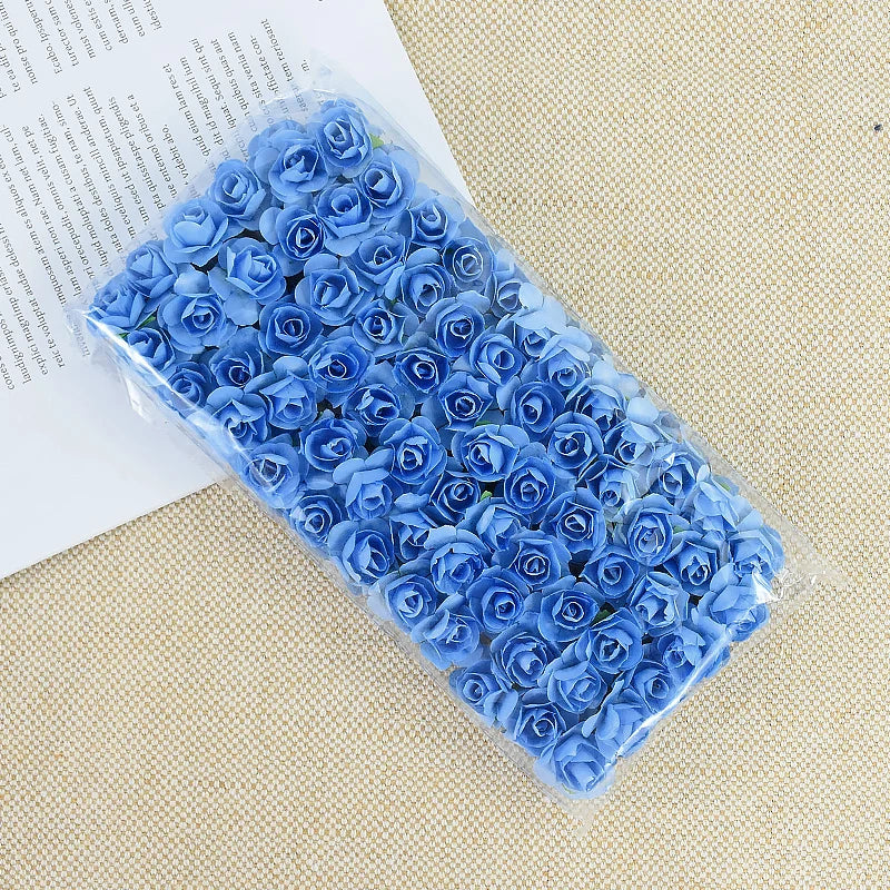 144pcs 2cm Artificial Mini Paper Rose Bouquet for Wedding Party Decoration Home DIY Wreath Gifts Scrapbooking Craft Fake Flowers