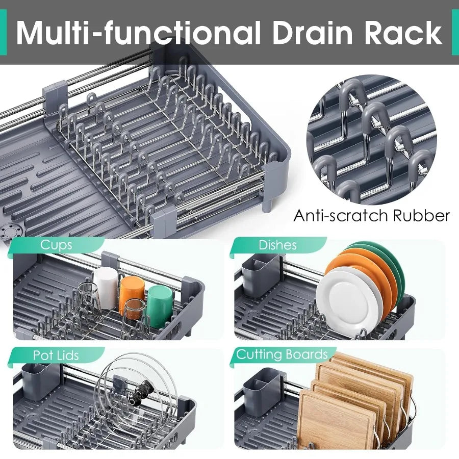 Dish Drying Rack for Kitchen Counter Extendable Dish Rack with Drainboard Expandable Dish Drainer Collapsible Dish Strainer wit