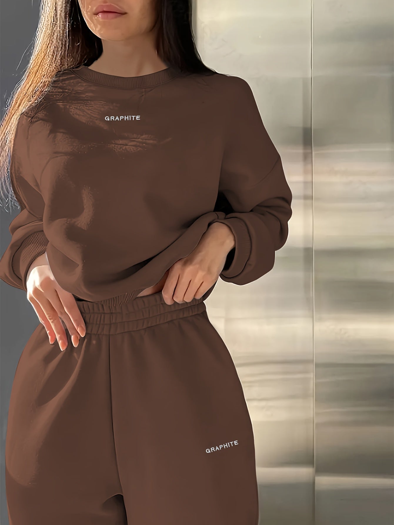 Women'S Spring/Fall Casual Sportswear Set, Polyester 100% Long Sleeve Pullovers with Embroidered Alphabet Design, Crew Neck Drop Shoulder Knit Fabric, Medium Stretch, Loose Fit Sweatshirt and Pants Set