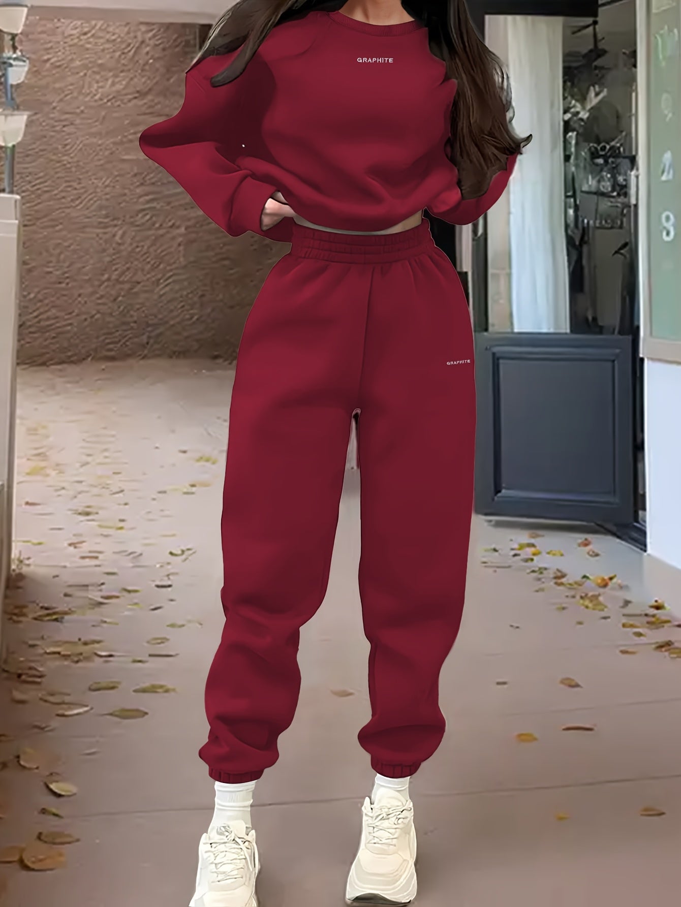 Women'S Spring/Fall Casual Sportswear Set, Polyester 100% Long Sleeve Pullovers with Embroidered Alphabet Design, Crew Neck Drop Shoulder Knit Fabric, Medium Stretch, Loose Fit Sweatshirt and Pants Set