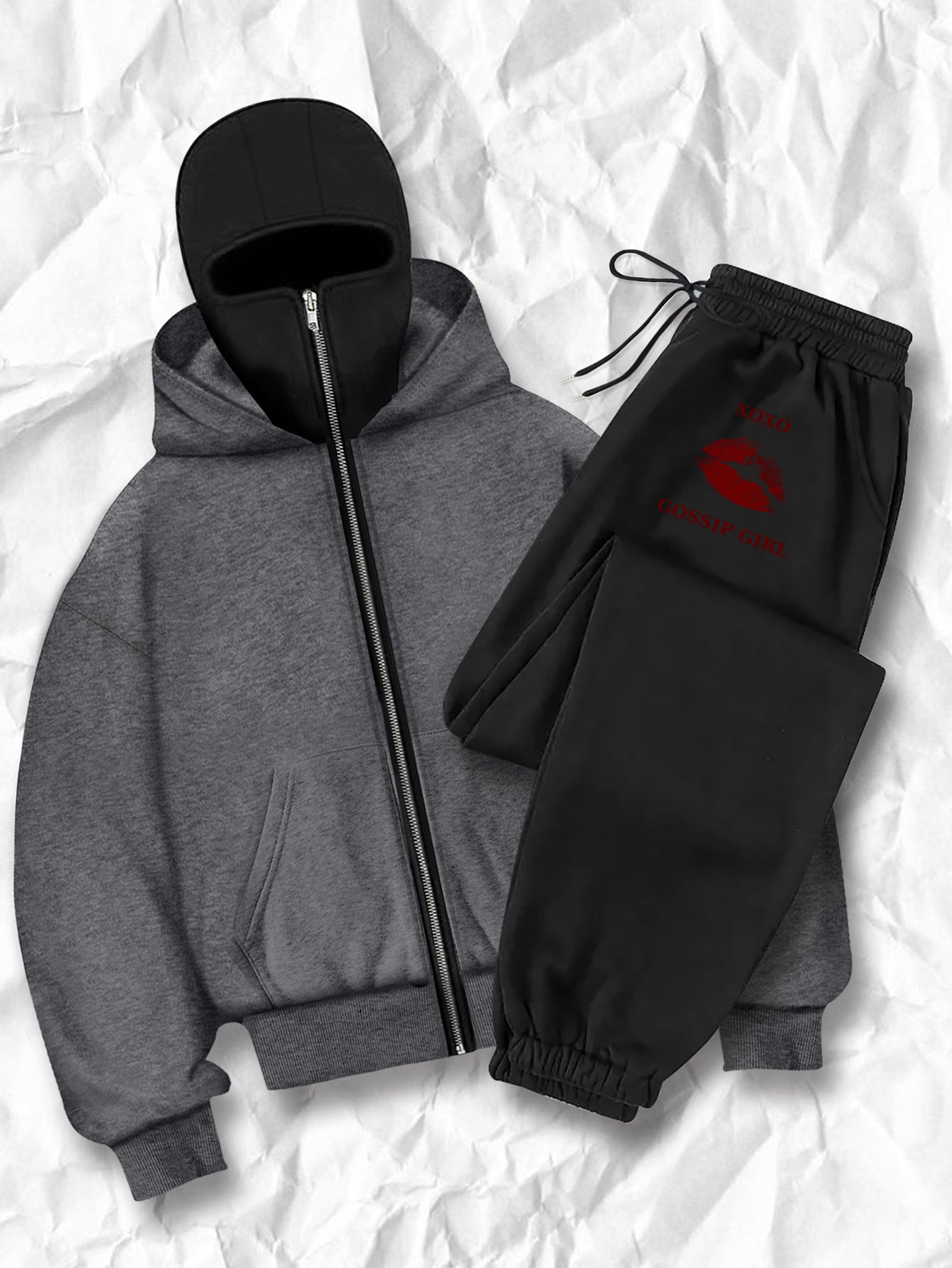 Women's fashion casual creative printed pattern s balaclava jacket and cuff drawstring s pants set, autumn and winter season items, Warm Suits For Women, Proper Winter Long Jacket Tracksuit For Women, Winter Suit For Women, W