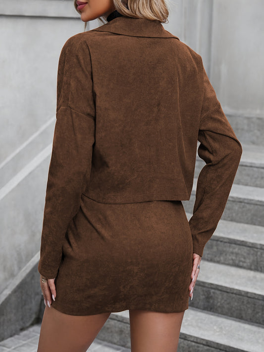 DJ0610103 - Fashionable Elegant Drop Shoulder Sleeve Front Button Skirt Two-Piece Set