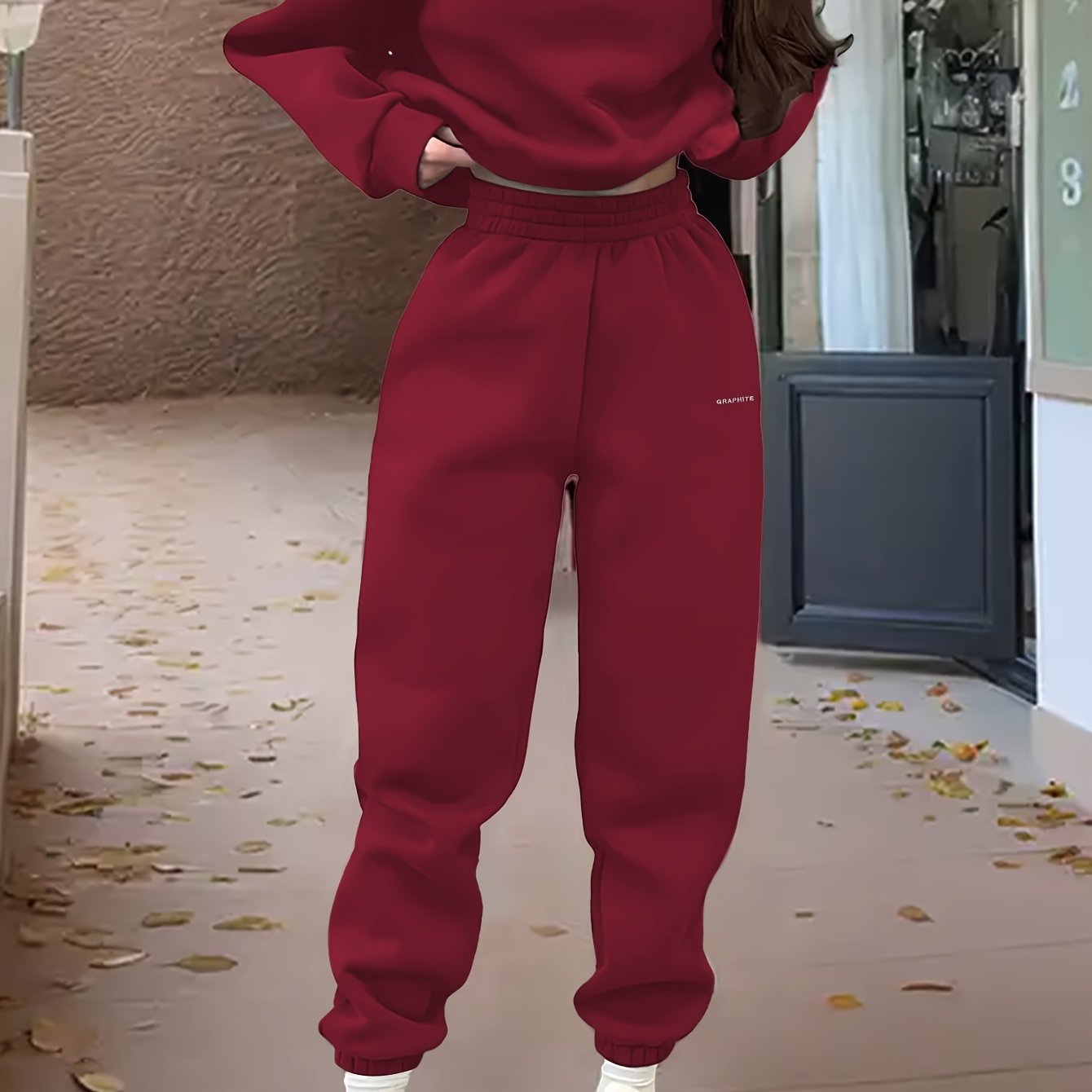 Women'S Spring/Fall Casual Sportswear Set, Polyester 100% Long Sleeve Pullovers with Embroidered Alphabet Design, Crew Neck Drop Shoulder Knit Fabric, Medium Stretch, Loose Fit Sweatshirt and Pants Set