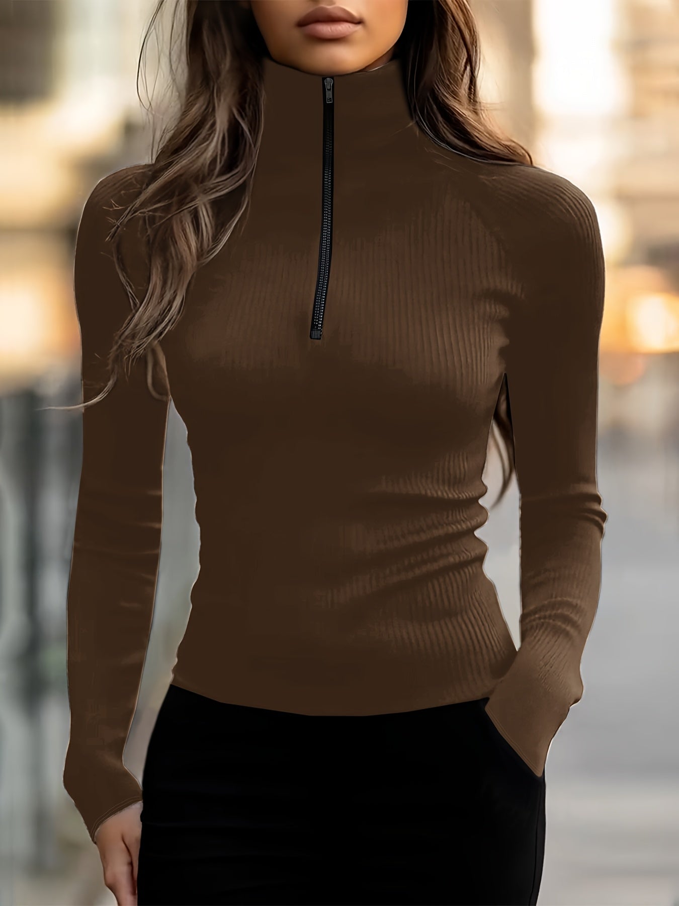 Women's Elegant High Neck Long Sleeve Sweater - Soft Loose-Fit Tunic Pullover, Winter Warm Brown T-Shirt-like Top, Machine Washable Casual & Formal Wear, Versatile Fall/Winter Sweater for or Weekend