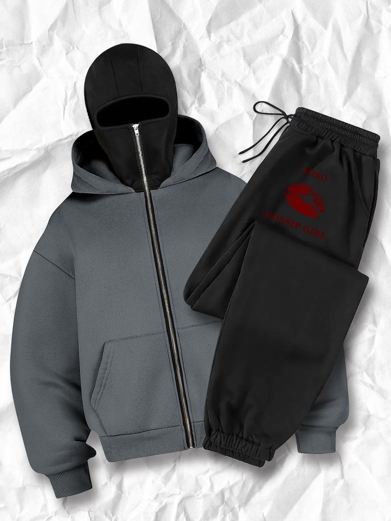 Women's fashion casual creative printed pattern s balaclava jacket and cuff drawstring s pants set, autumn and winter season items, Warm Suits For Women, Proper Winter Long Jacket Tracksuit For Women, Winter Suit For Women, W