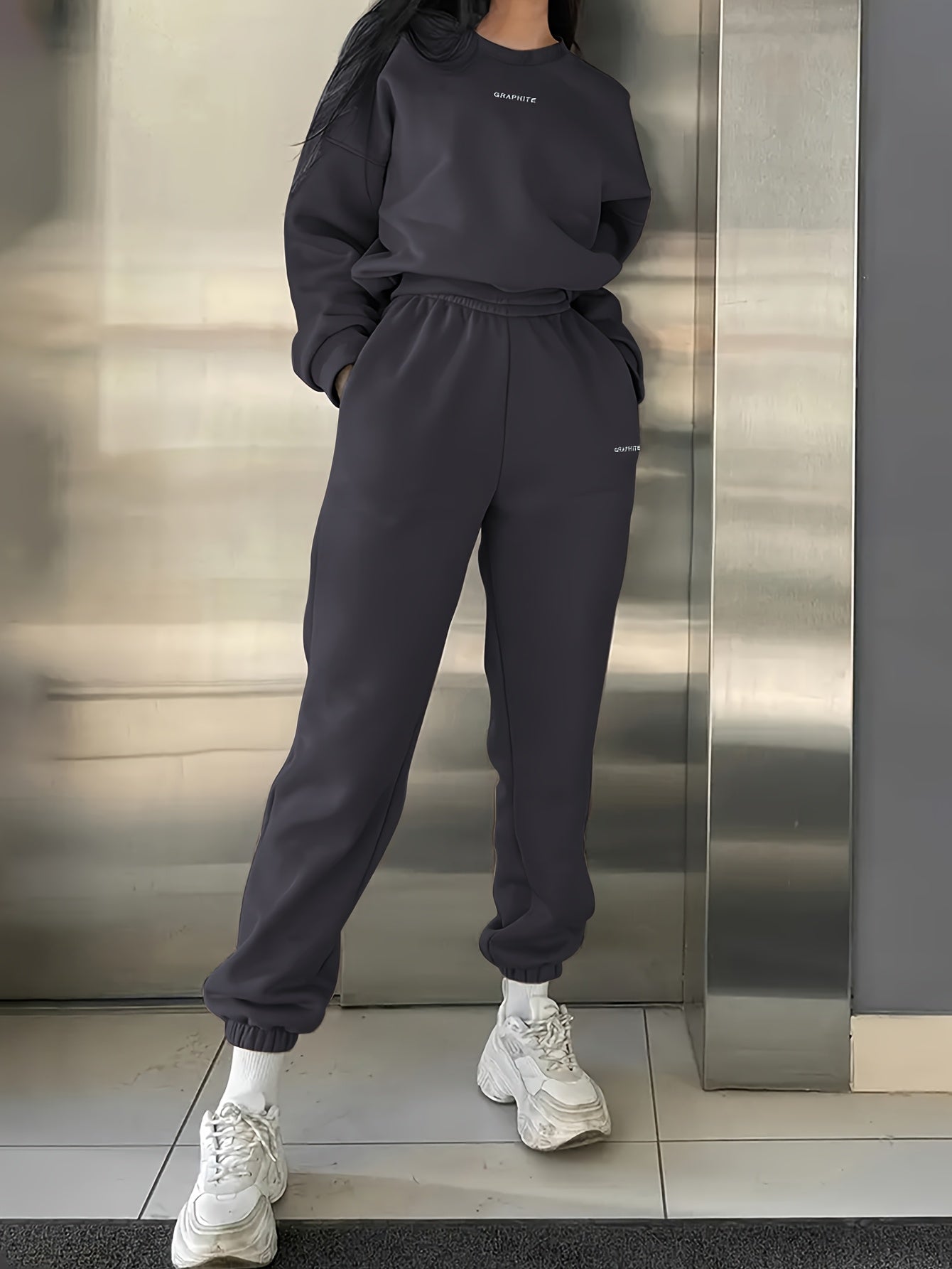 Women'S Spring/Fall Casual Sportswear Set, Polyester 100% Long Sleeve Pullovers with Embroidered Alphabet Design, Crew Neck Drop Shoulder Knit Fabric, Medium Stretch, Loose Fit Sweatshirt and Pants Set