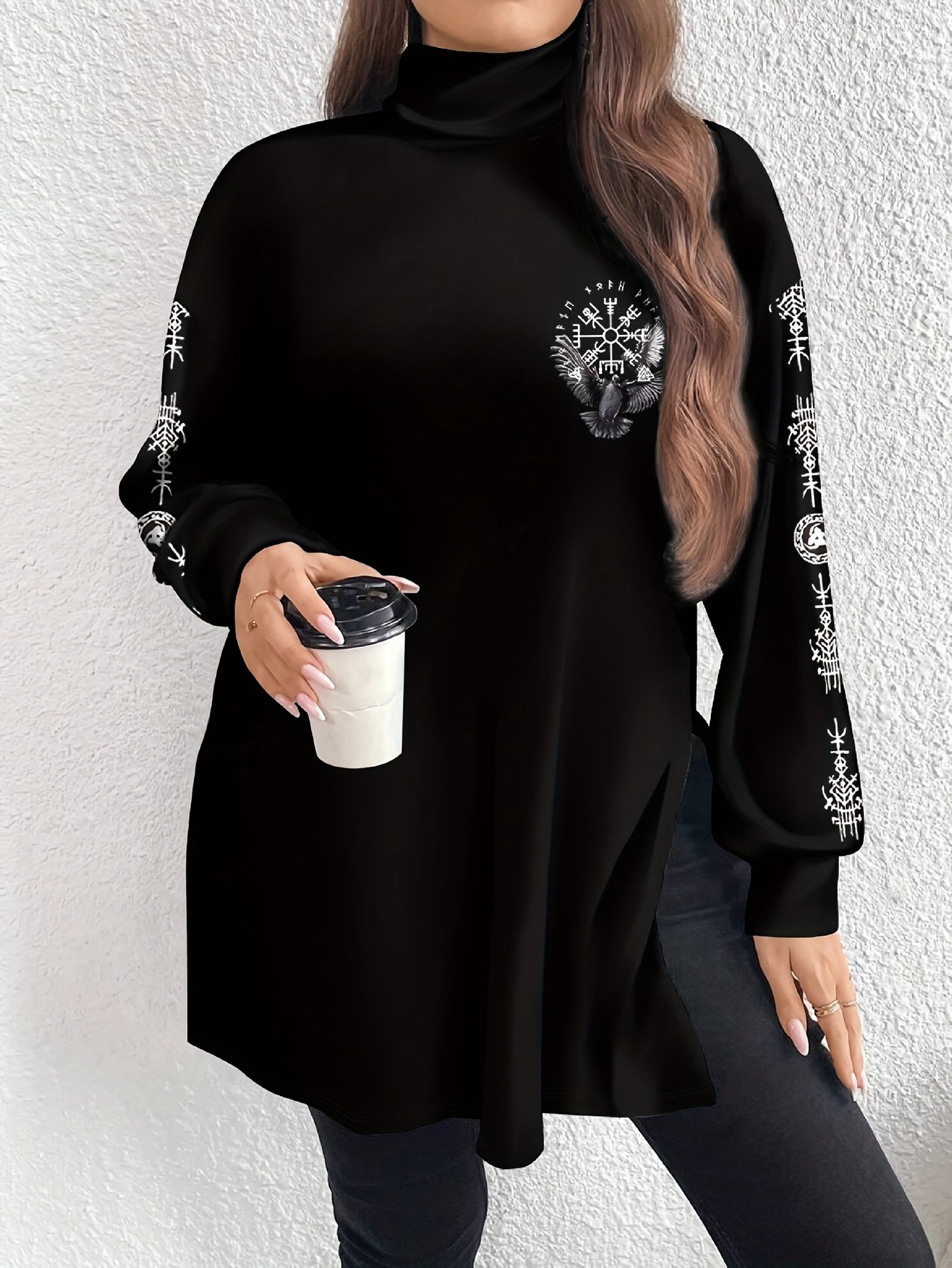 Plus Size, 's Elegant Bohemian Chinese-Inspired All-Over Print T-Shirt - High Neck Long Sleeve with White Collar & Slit Hem, Black Top for Year-Round Wear, Machine Washable Asian Motif Blouse
