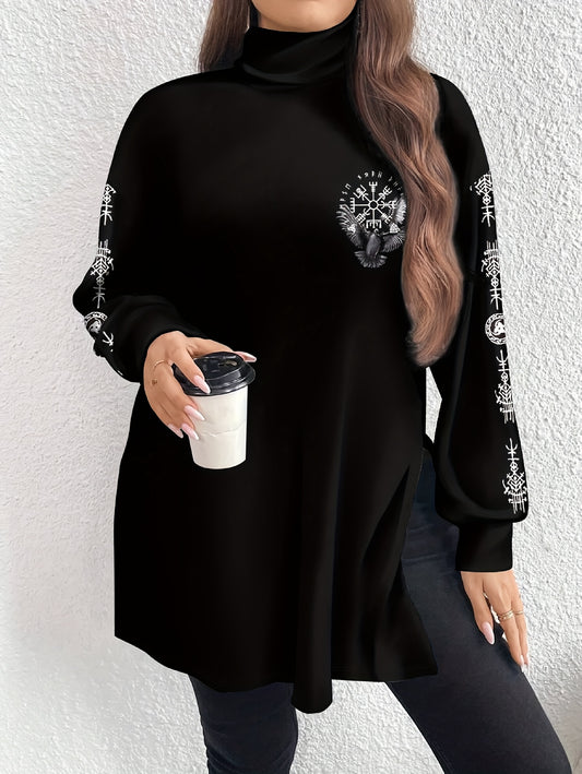 Plus Size, 's Elegant Bohemian Chinese-Inspired All-Over Print T-Shirt - High Neck Long Sleeve with White Collar & Slit Hem, Black Top for Year-Round Wear, Machine Washable Asian Motif Blouse