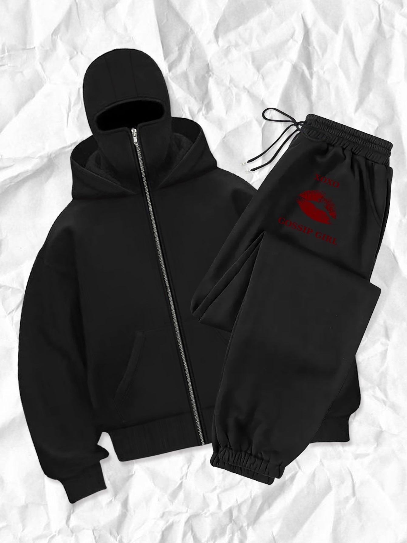 Women's fashion casual creative printed pattern s balaclava jacket and cuff drawstring s pants set, autumn and winter season items, Warm Suits For Women, Proper Winter Long Jacket Tracksuit For Women, Winter Suit For Women, W