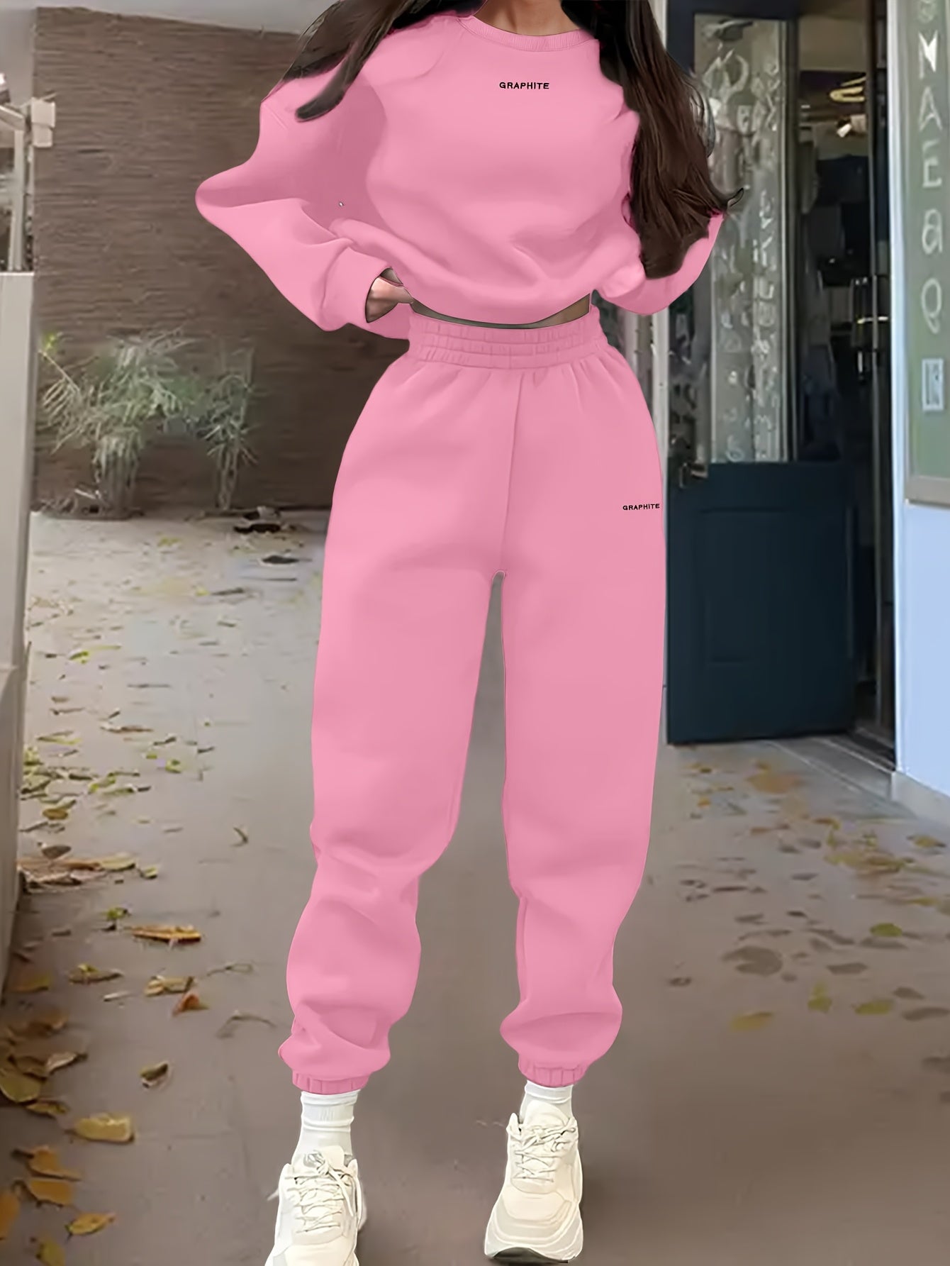 Women'S Spring/Fall Casual Sportswear Set, Polyester 100% Long Sleeve Pullovers with Embroidered Alphabet Design, Crew Neck Drop Shoulder Knit Fabric, Medium Stretch, Loose Fit Sweatshirt and Pants Set