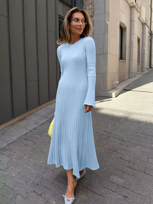 ELEGANTSUT Women's Elegant French-Inspired Blue Maxi Dress - Slim-Fit A-Line -Length Wedding Guest Dress with Bell Sleeves, Round Neck & Versatile Inner/Outer Layering for Parties, Prom, Formal Events (No Pattern), Dresses Fo