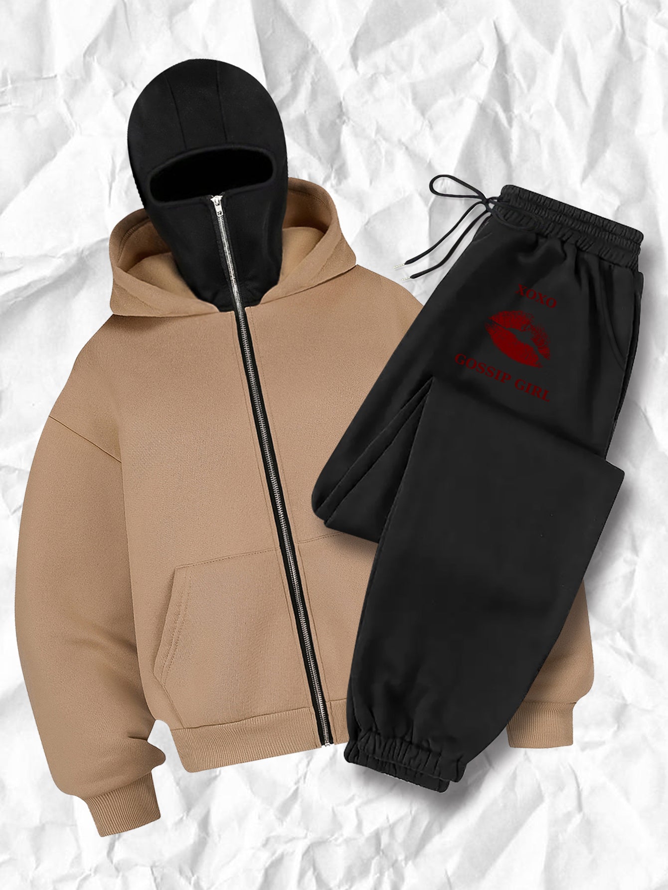 Women's fashion casual creative printed pattern s balaclava jacket and cuff drawstring s pants set, autumn and winter season items, Warm Suits For Women, Proper Winter Long Jacket Tracksuit For Women, Winter Suit For Women, W