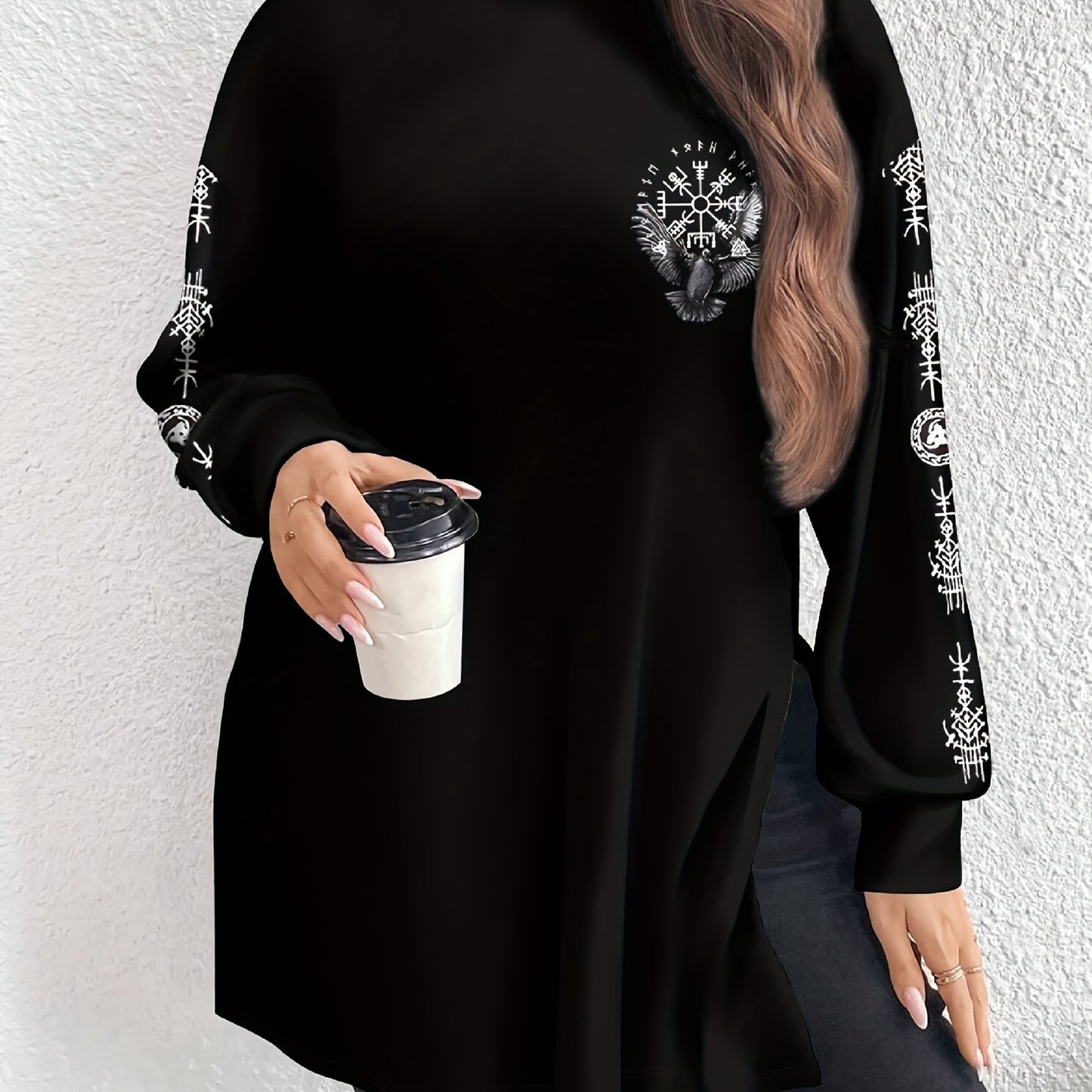 Plus Size, 's Elegant Bohemian Chinese-Inspired All-Over Print T-Shirt - High Neck Long Sleeve with White Collar & Slit Hem, Black Top for Year-Round Wear, Machine Washable Asian Motif Blouse