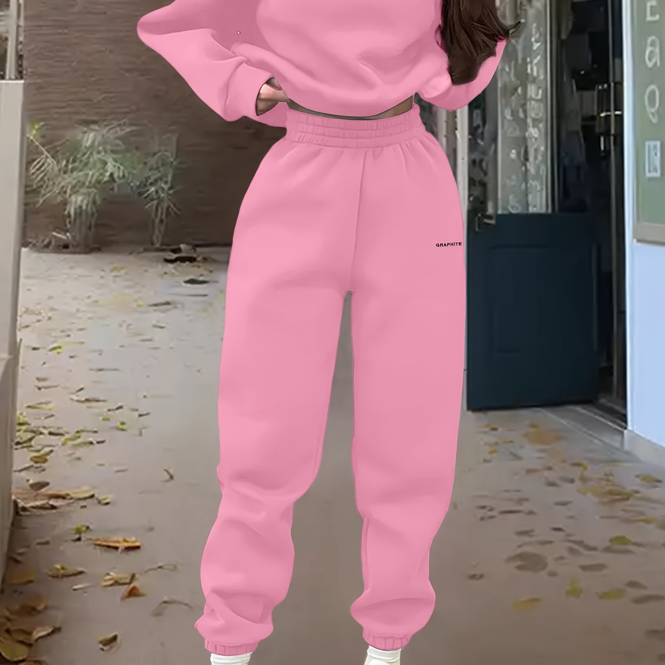 Women'S Spring/Fall Casual Sportswear Set, Polyester 100% Long Sleeve Pullovers with Embroidered Alphabet Design, Crew Neck Drop Shoulder Knit Fabric, Medium Stretch, Loose Fit Sweatshirt and Pants Set