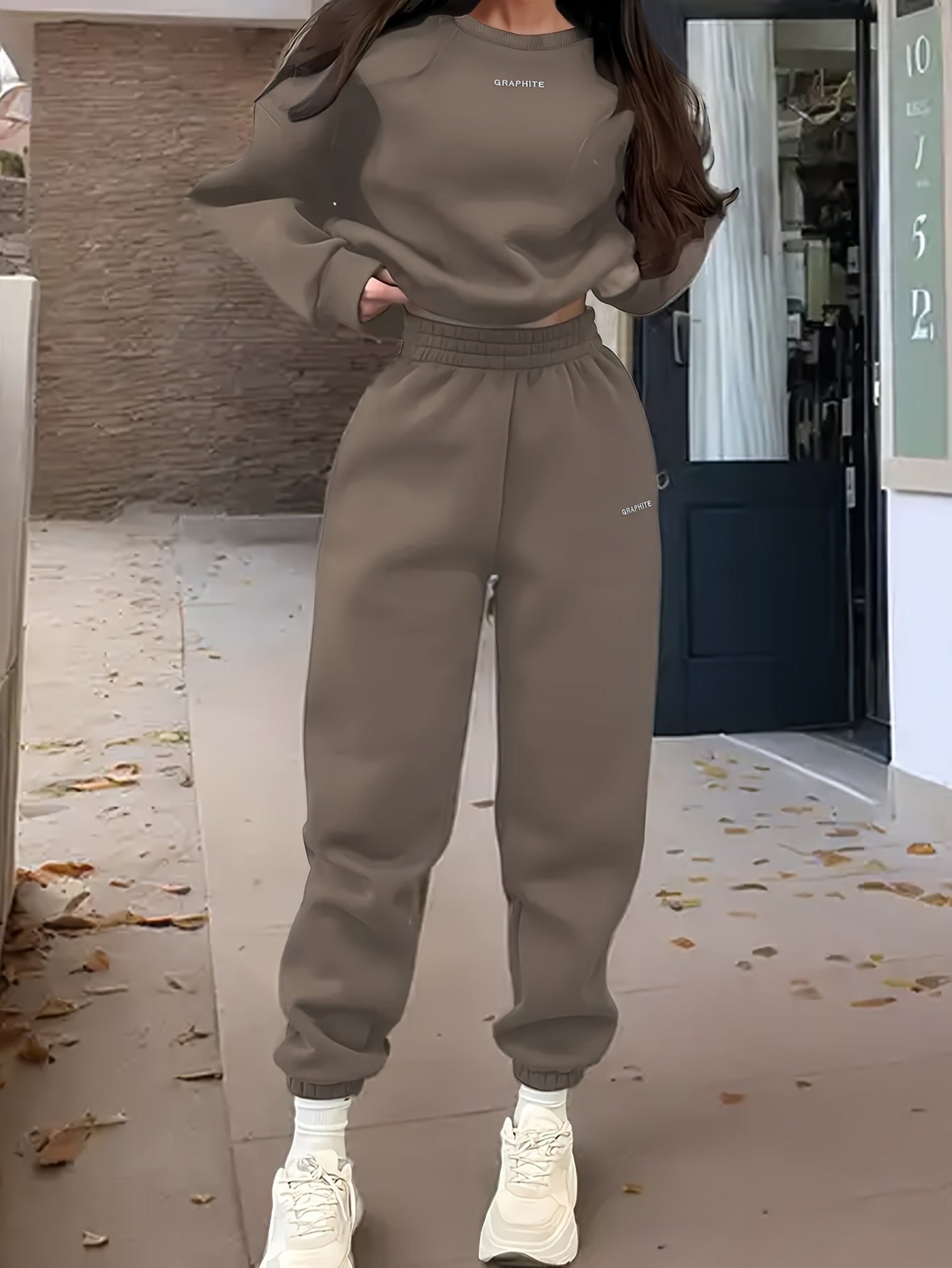 Women'S Spring/Fall Casual Sportswear Set, Polyester 100% Long Sleeve Pullovers with Embroidered Alphabet Design, Crew Neck Drop Shoulder Knit Fabric, Medium Stretch, Loose Fit Sweatshirt and Pants Set