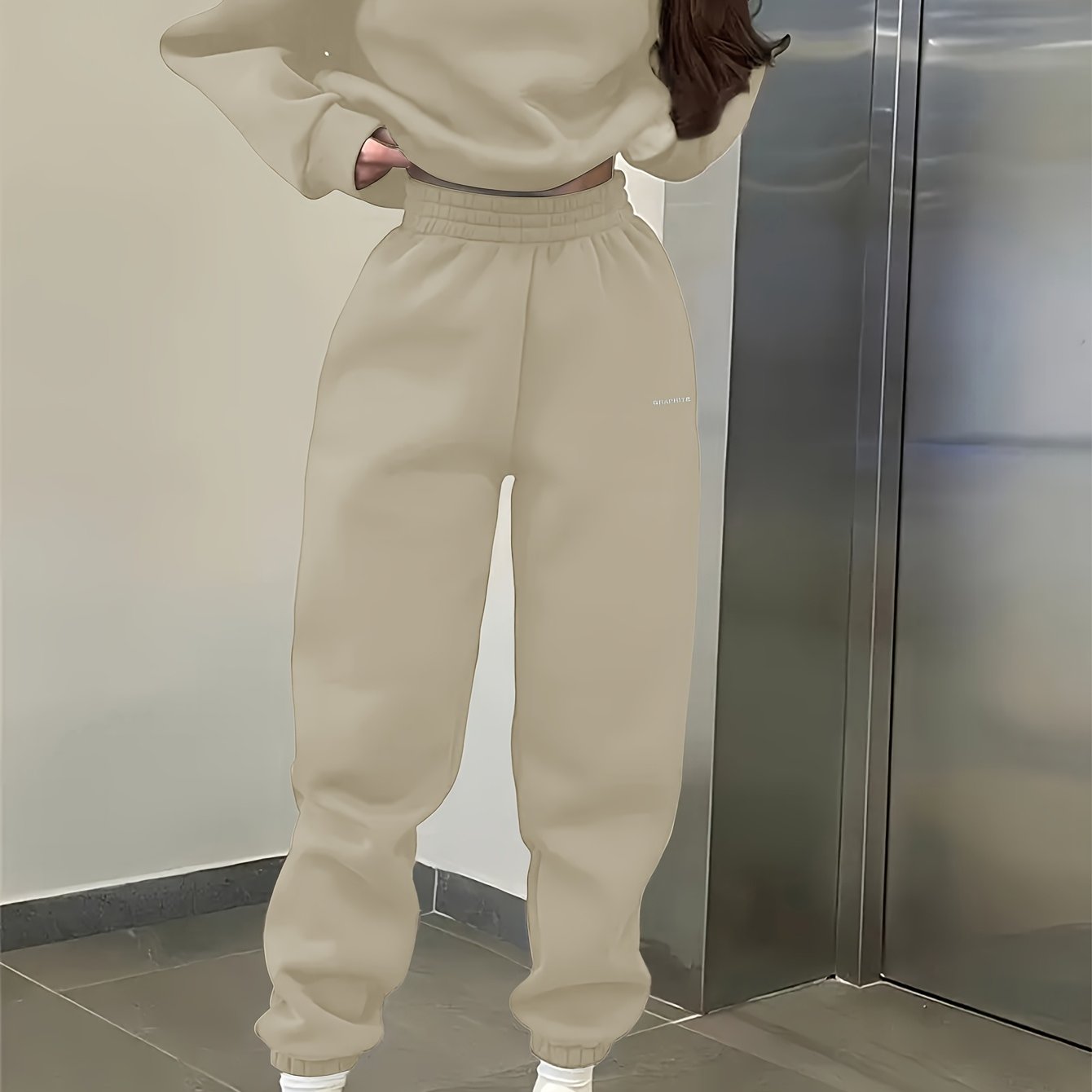 Women'S Spring/Fall Casual Sportswear Set, Polyester 100% Long Sleeve Pullovers with Embroidered Alphabet Design, Crew Neck Drop Shoulder Knit Fabric, Medium Stretch, Loose Fit Sweatshirt and Pants Set