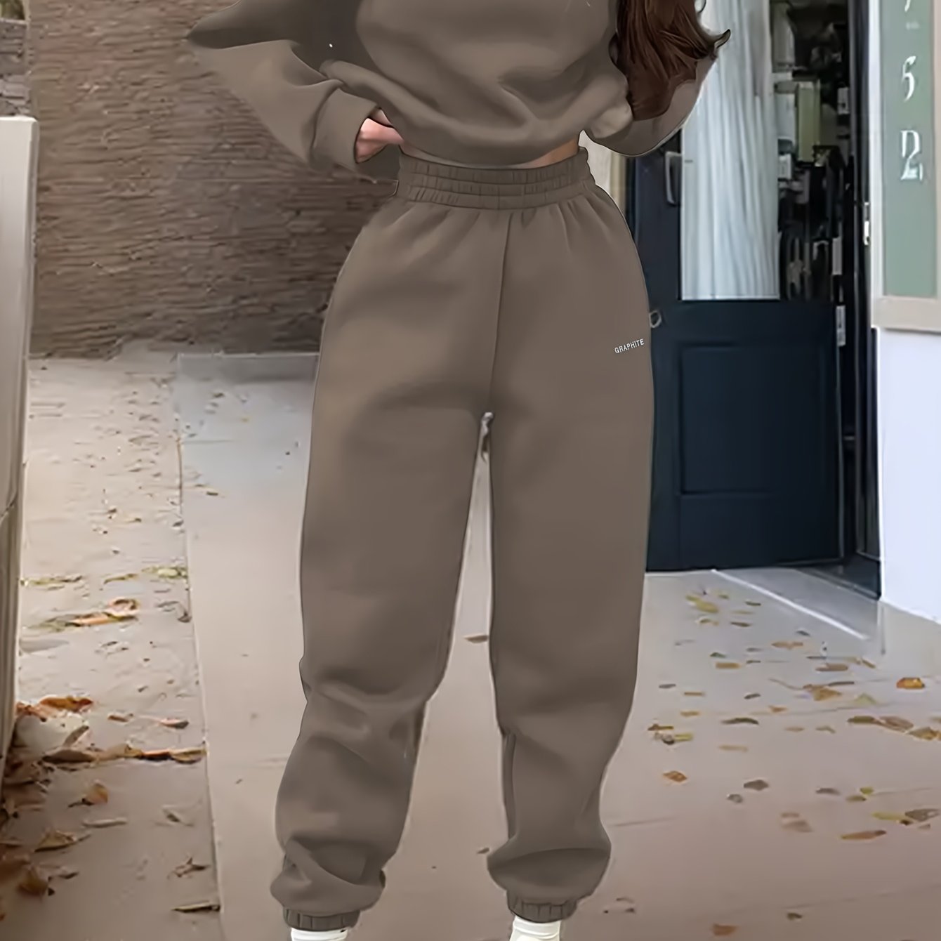 Women'S Spring/Fall Casual Sportswear Set, Polyester 100% Long Sleeve Pullovers with Embroidered Alphabet Design, Crew Neck Drop Shoulder Knit Fabric, Medium Stretch, Loose Fit Sweatshirt and Pants Set