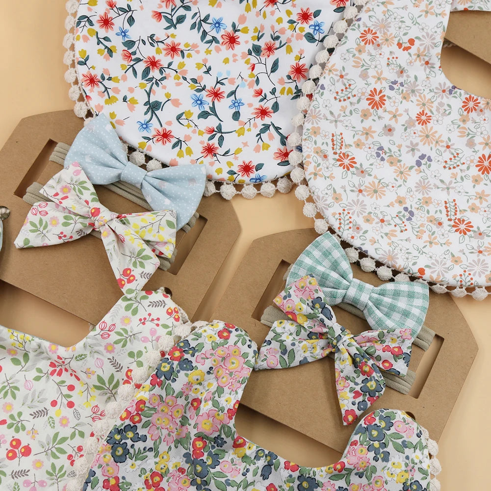 3Pcs/Set Flower Print Cotton Linen Baby Boy Girl Bibs Elastic Nylon Headband Double-Deck Saliva Towel Feeding Bandana Apron Burp