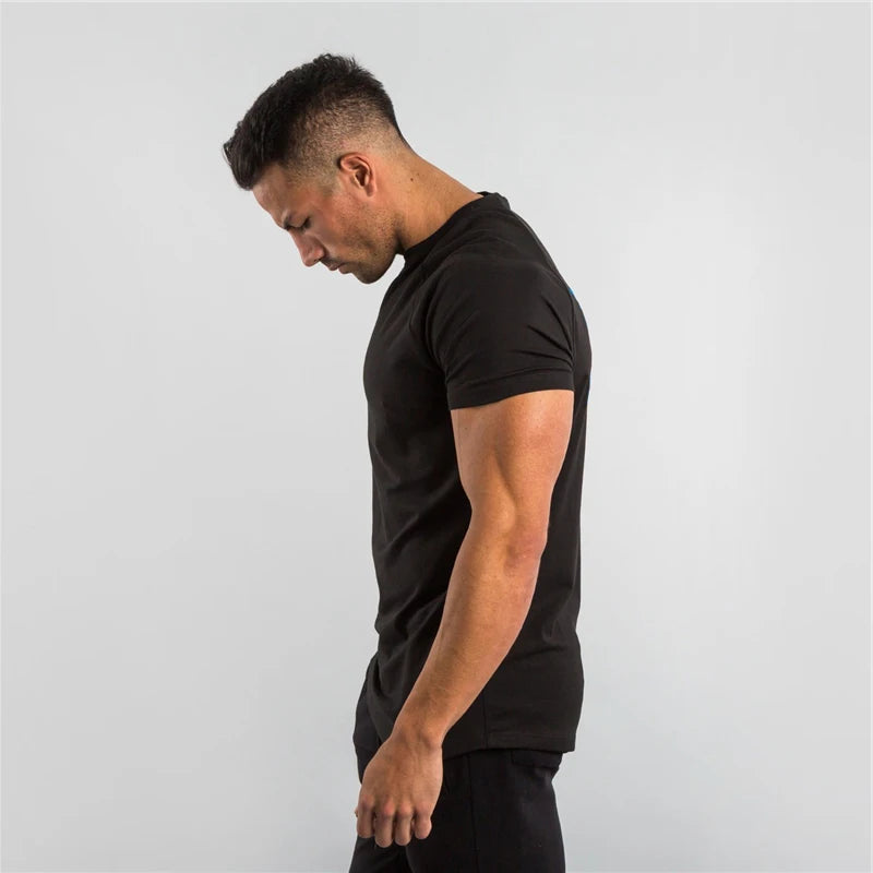 Summer Solid Cotton Short Sleeve T-Shirt Men Gym Clothing Fashion Plain Tight Tops Tees Sports Bodybuilding Fitness T shirt Men