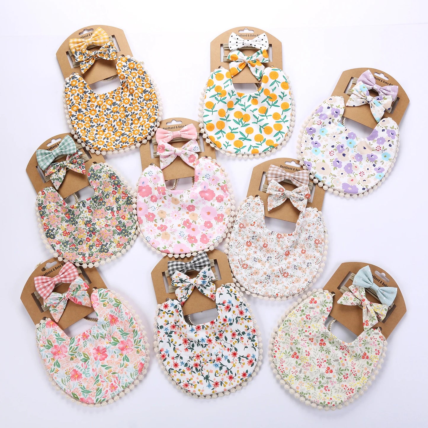 3Pcs/Set Flower Print Cotton Linen Baby Boy Girl Bibs Elastic Nylon Headband Double-Deck Saliva Towel Feeding Bandana Apron Burp