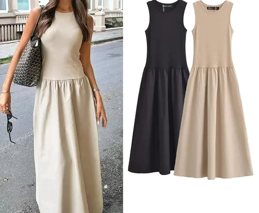 Khaki Elegant Long Dresses 2025 Women's Spring Sleeveless Black Dresses Fashion Casual Party  Dress Vestidos For Female
