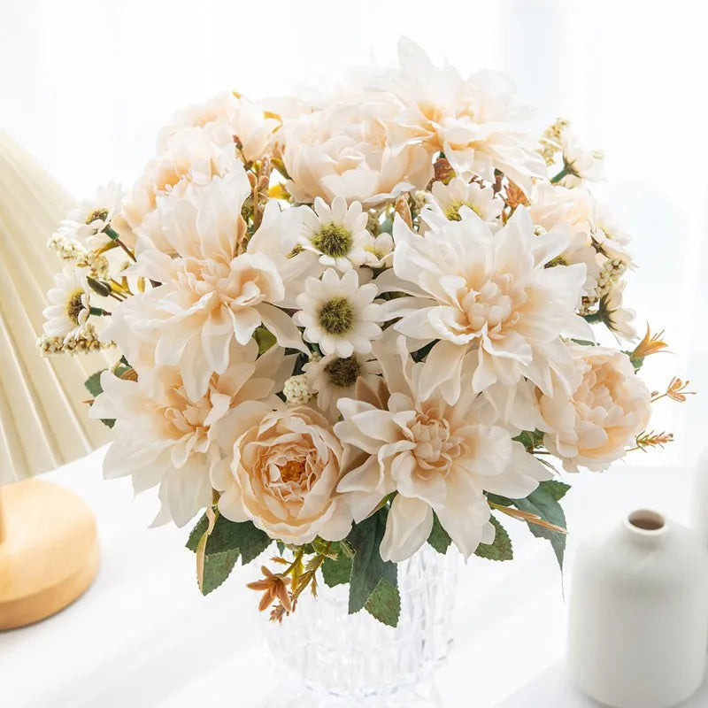 Hot sales Artificial Flowers Silk Dahlia Rose daisy Festival Home Wreath Decoration Bonsai Room Wedding Bridal Bouquet Diy gift