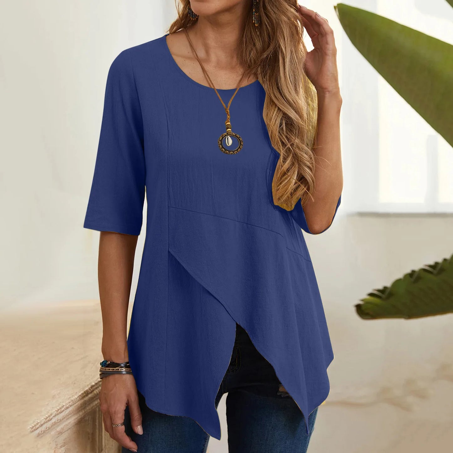 New women's clothing with fashionable temperament, casual commuting elegance, irregular slimming, mid sleeves, cotton and linen