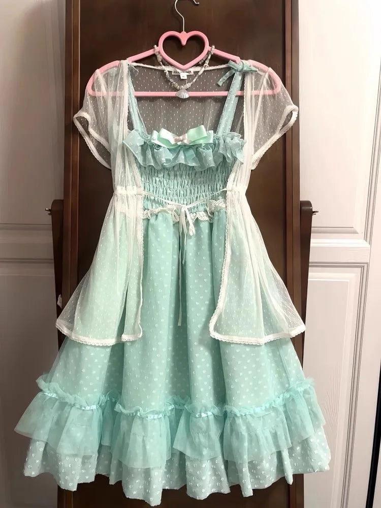Japanese Fashion Sweet Cute 2 Piece Set Women Mini Lace Tops + Polka Dot Dress New Fit Chic Kawaii Fluffy Retro Suit Summer 2025