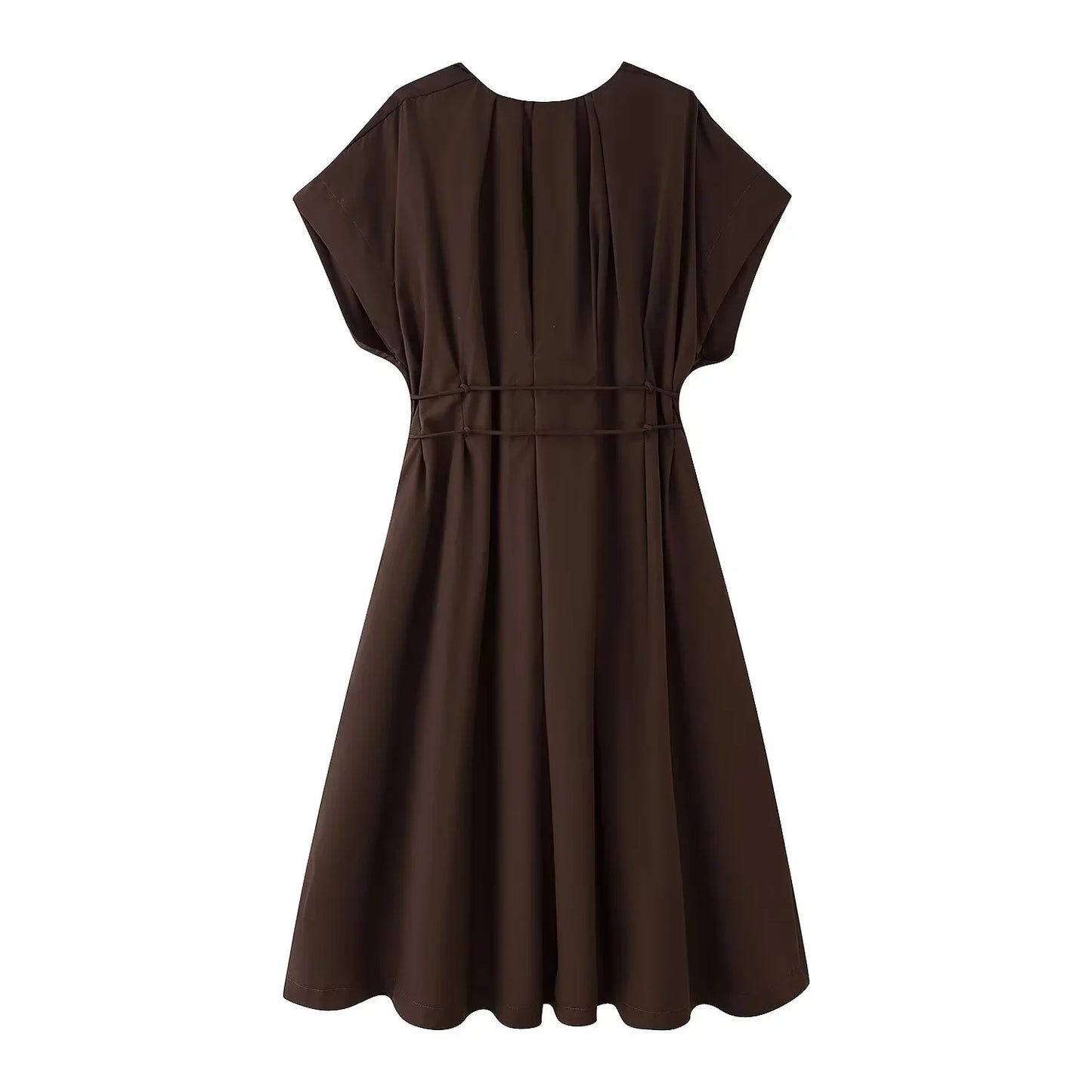 TRAFZA 2025 Spring Summer Vintage Women Dresses Fashion Single Breasted Sashes Draped V Neck Sleeveless Solid Ladies Dresses