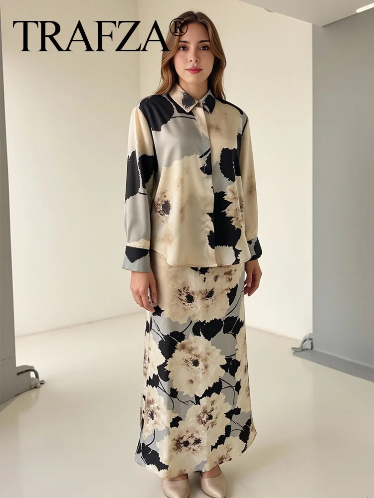 TRAFZA Women 2025 Spring Fashion Silk Satin Texture Long Sleeve Printed Shirt Button Midi Skirt Suit Female Printed Set