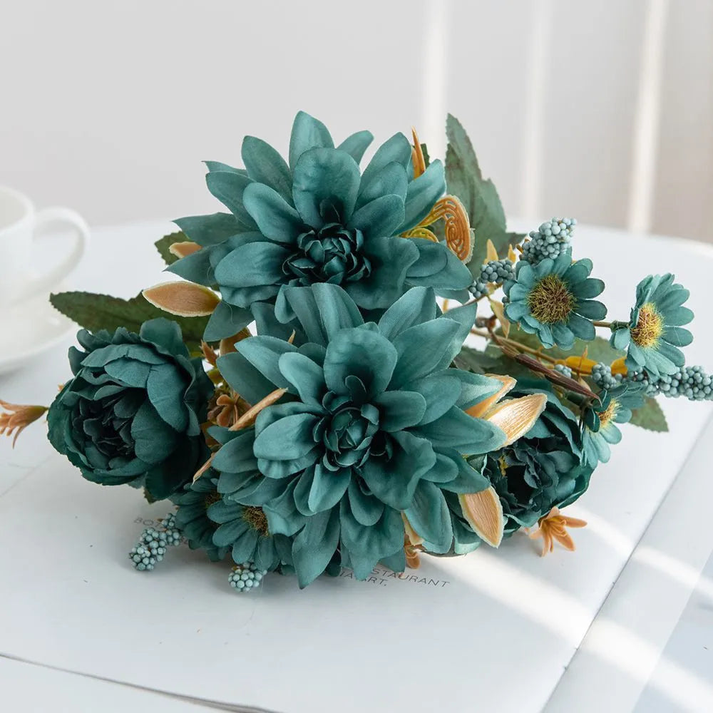 Hot sales Artificial Flowers Silk Dahlia Rose daisy Festival Home Wreath Decoration Bonsai Room Wedding Bridal Bouquet Diy gift