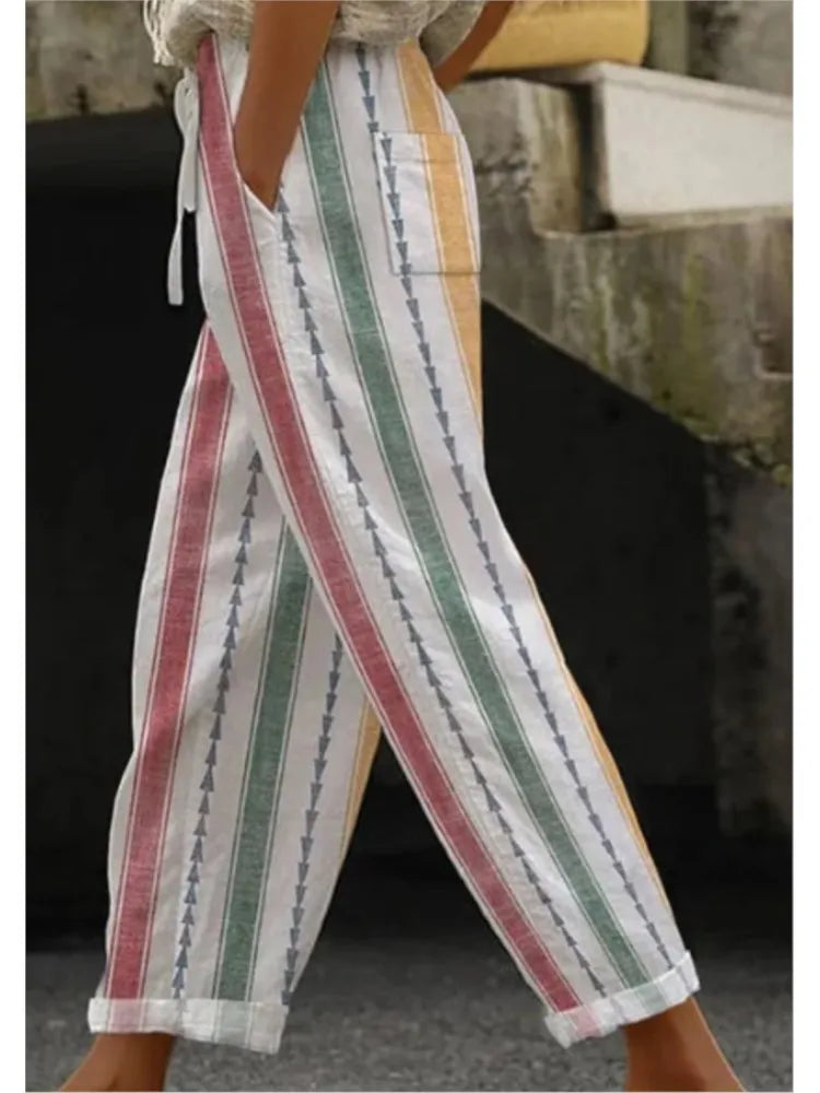 Casual Print Ankle-Length Pants For Women Fashion Mid Waist Straight Pants Lady Holiday Boho Beach Womens Clothing Spring New