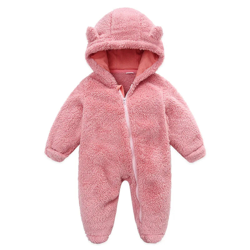 OLEKID Autumn Winter Newborn Baby overalls Plus Velvet Hooded Kids Baby Girl Romper 0-1 Years Infant Toddler Boy Jumpsuit Outfit