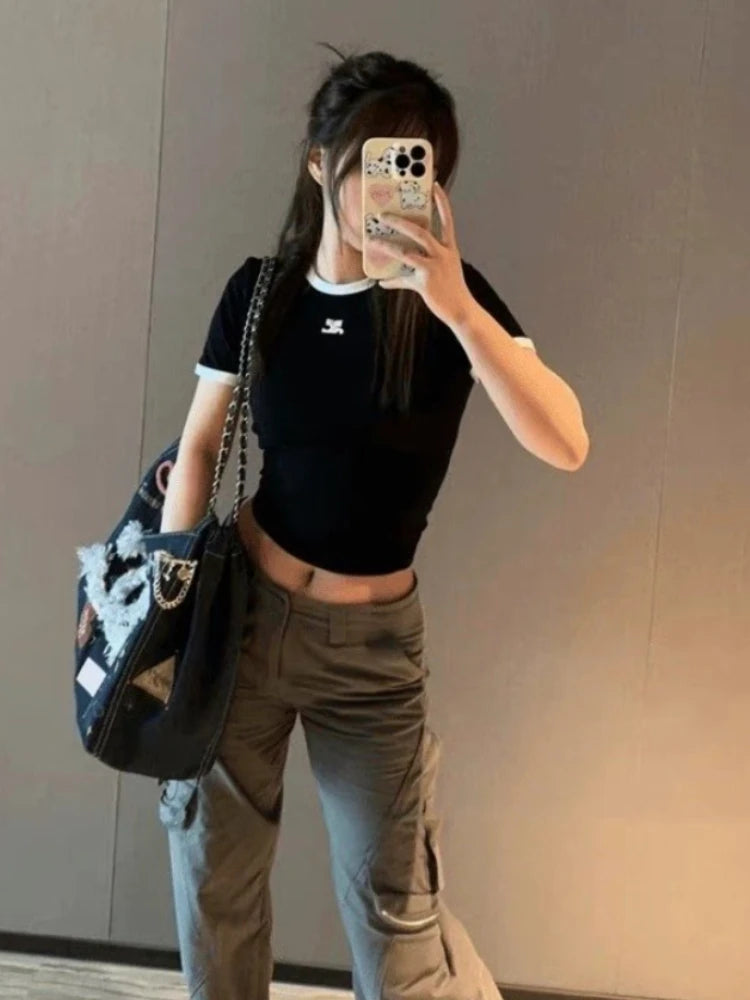 American Retro Short Sleeve T-shirt Women Streetwear Slim Fit Casual Embroidery Print Top Y2k Lady Korean Fashion Summer Clothes