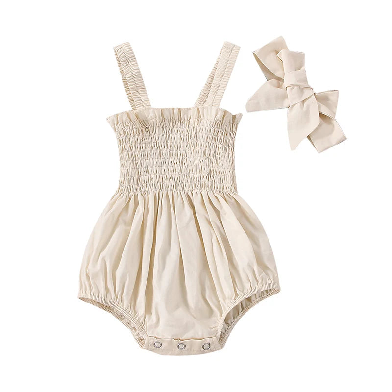 Infant Baby Girl Romper Clothes Ruched Casual Sleeveless Newborn Bodysuit with Headband Summer Jumpsuit Cute Toddler Outfit Suit