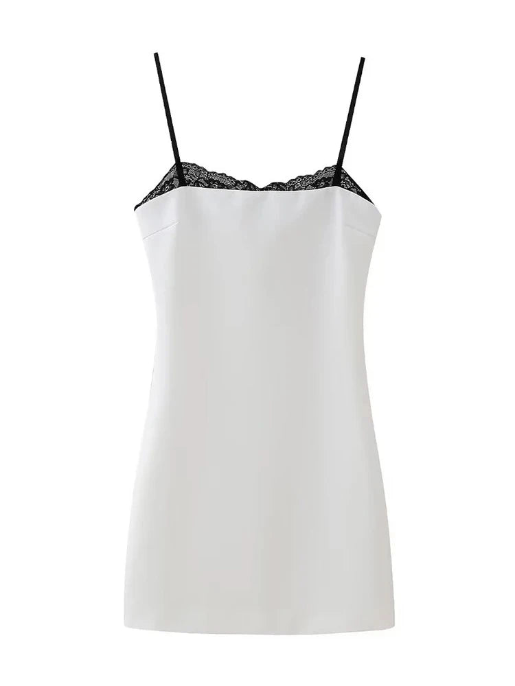 TRAFZA Women Sexy Lace Splicing Dress Fashion Slim Strapless Spaghetti Straps Mini Dresses Evening Party Sexy Short Dresses