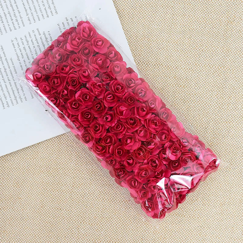 144pcs 2cm Artificial Mini Paper Rose Bouquet for Wedding Party Decoration Home DIY Wreath Gifts Scrapbooking Craft Fake Flowers