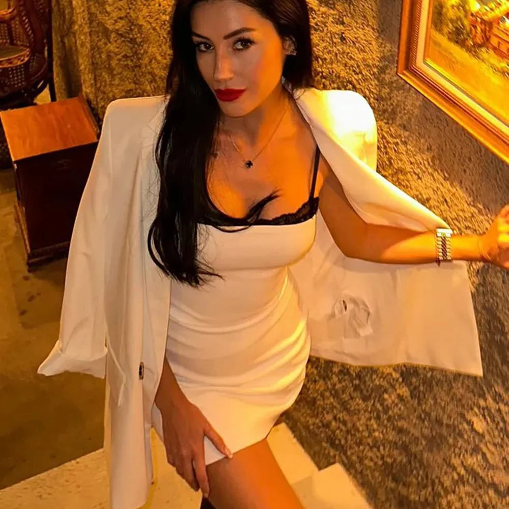 TRAFZA Women Sexy Lace Splicing Dress Fashion Slim Strapless Spaghetti Straps Mini Dresses Evening Party Sexy Short Dresses