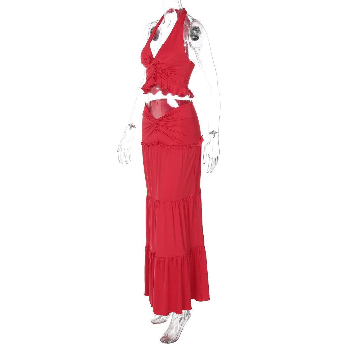 Cryptographic Elegant Two Piece Sets Sleeveless Frill Halter Twist Top Dress Sets Outfits Fashion Co-ord Sets Coquette Clothes