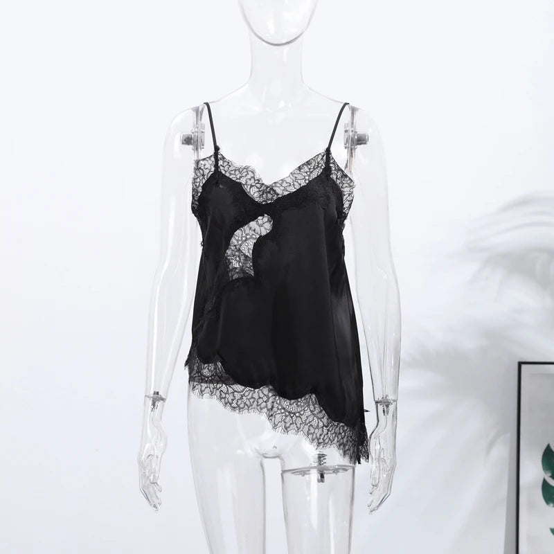 Sexy Lace Sling Tops Women Loose V Neck Sleeveless Backless See Through Top Female 2025 Summer Fashion Chic Solid Streetwears