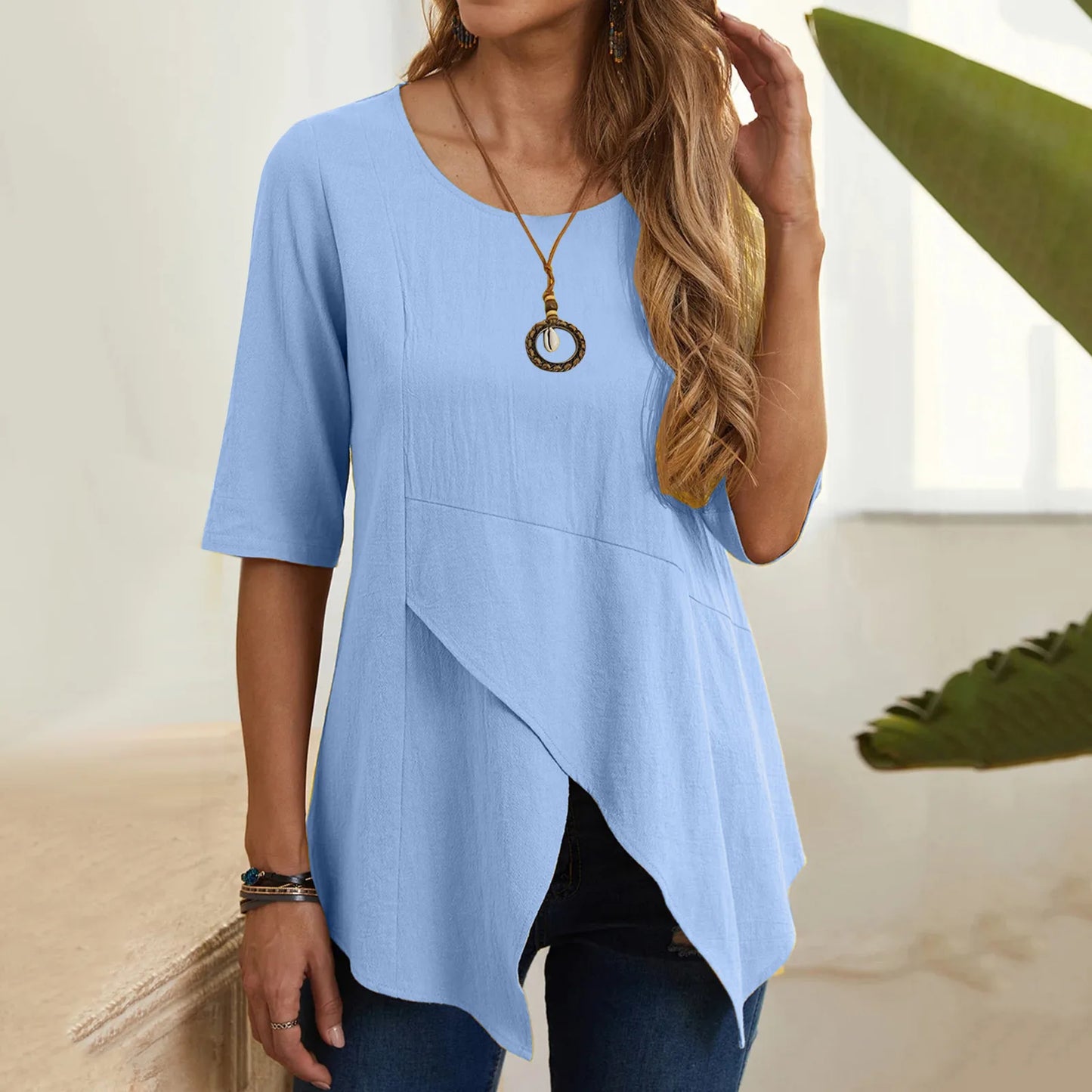 New women's clothing with fashionable temperament, casual commuting elegance, irregular slimming, mid sleeves, cotton and linen
