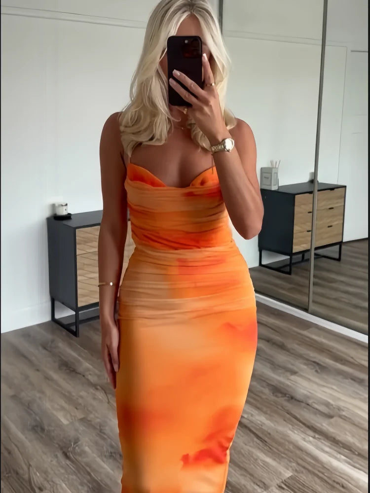 PB&ZA 2024 Spring New Women's Fashionable and Stylish Style Slim Fit Folded Printed Silk Mesh Sling Dress