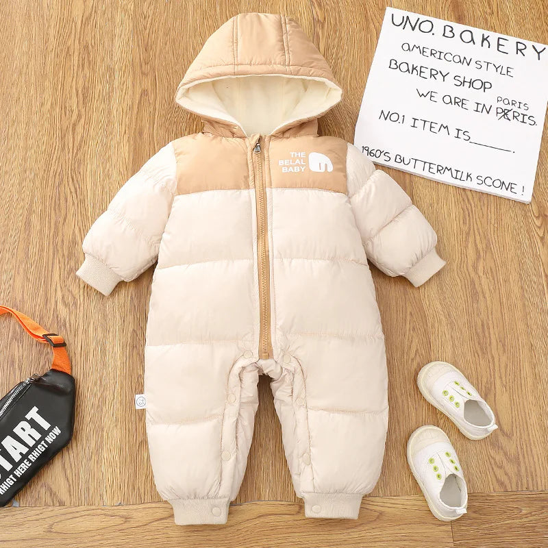 Infant Babys Girls Ski Suits Winter Spliced Letter Thicken Warm Newborn Girls Jumpsuits Plush Kids Girls Hooded Parkas Snowsuits