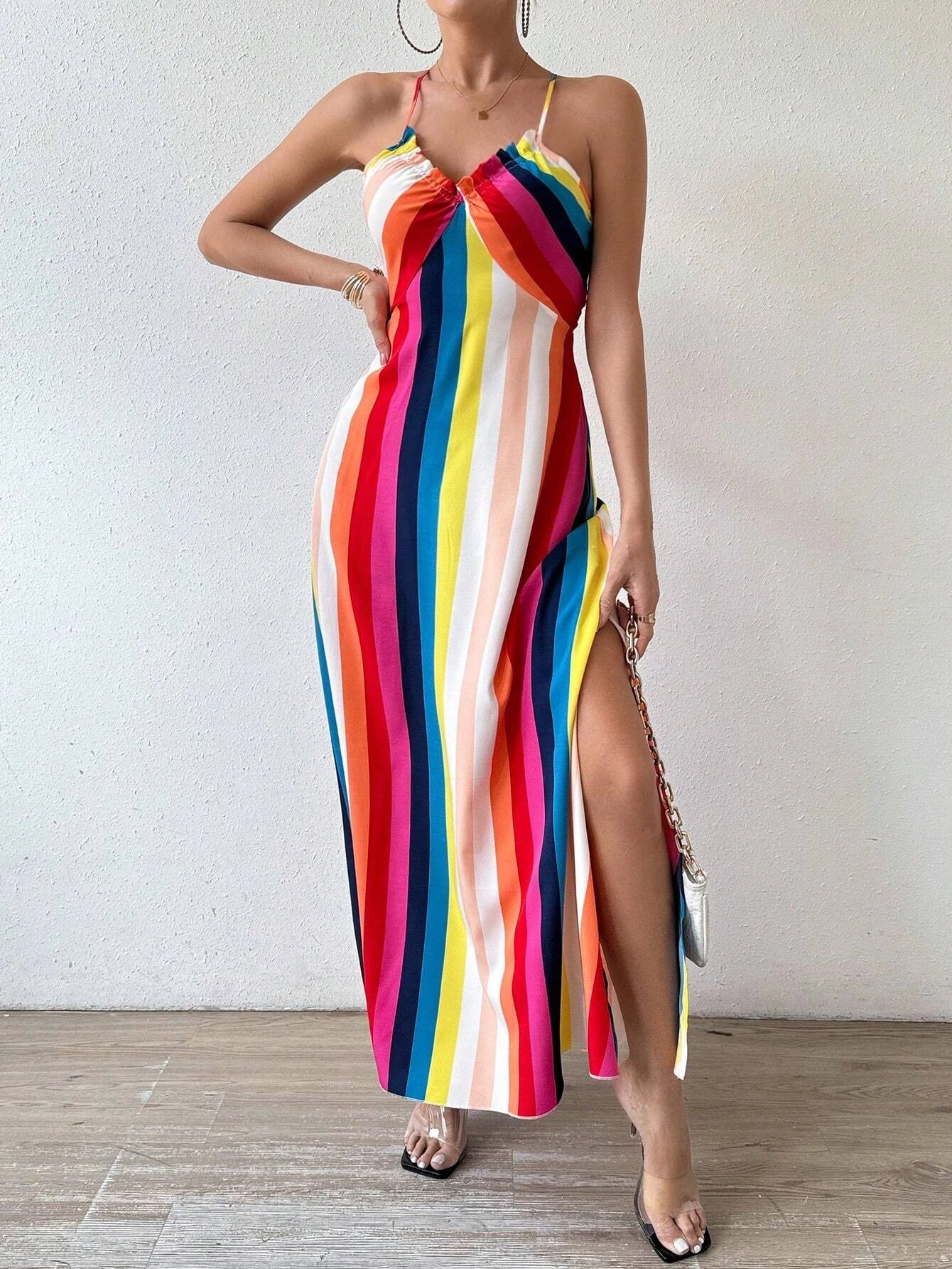 Women's Summer Ethnic Pattern Backless Split Thigh Dress Ladies Summer Clothes Boho Fashion Frill Trim Long Dress for Beach