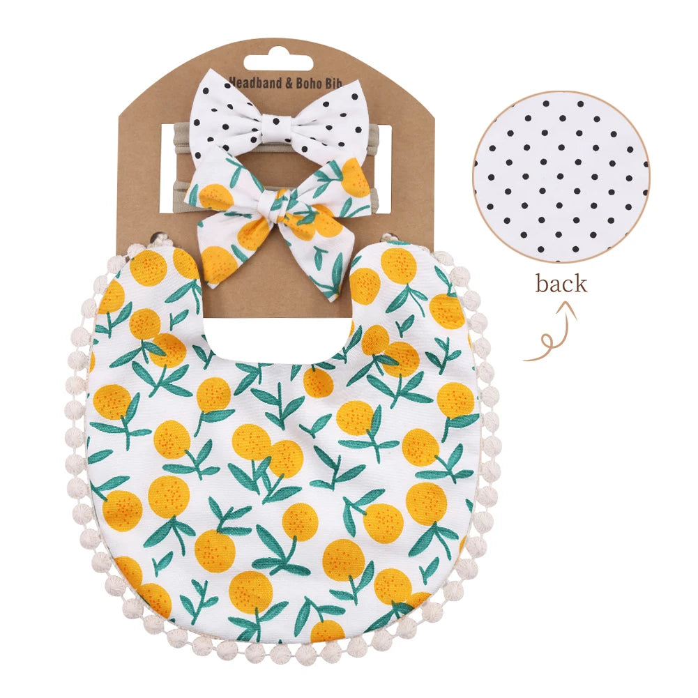 3Pcs/Set Flower Print Cotton Linen Baby Boy Girl Bibs Elastic Nylon Headband Double-Deck Saliva Towel Feeding Bandana Apron Burp