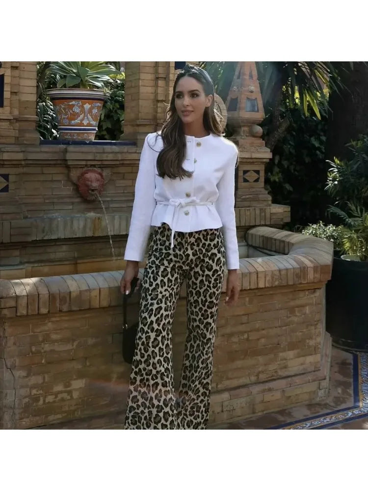 Women's Fashion and Casual Versatile Animal Print Straight Leg Pants Decorated Street Trousers Women's Slim Fit Zipper Trousers