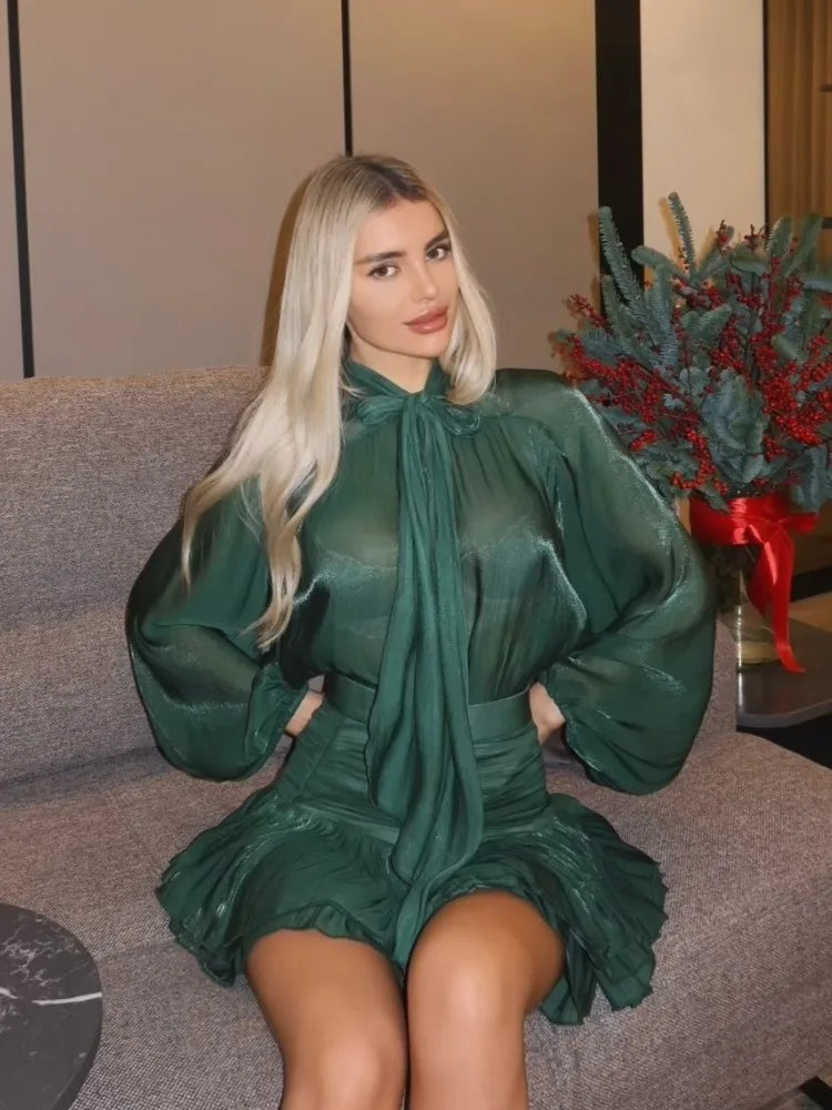 Bow Lace Up Top Pleated Short Skirt Two Piece Sets Casual Fashion Shirt Glitter Blouse High Waist Half Skirts Women's Clothing