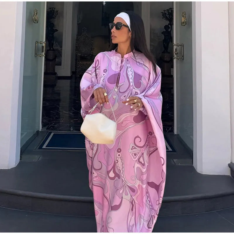 Geometric Print Cape Women's Set Loose Batwing Sleeve Top Flowy Maxi Skirt 2025 Summer Elegant Suit Holiday Fashion Lady Sets