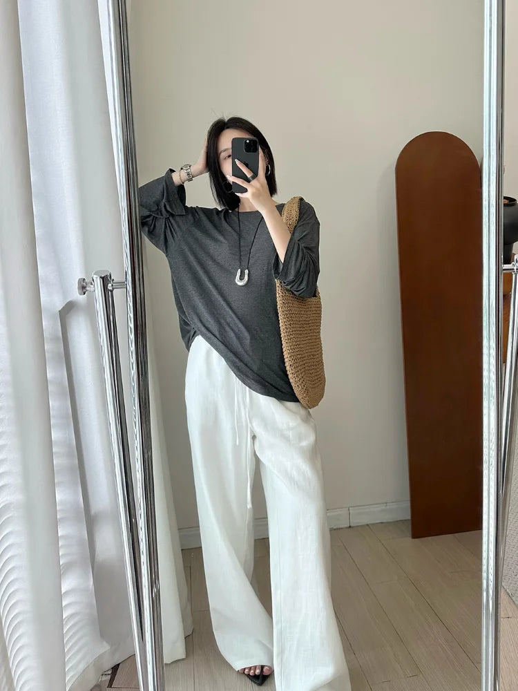 Slack Linen Wide-leg Pants Summer Loose Versatile Drawstring Straight White Casual Trousers Korean Fashion