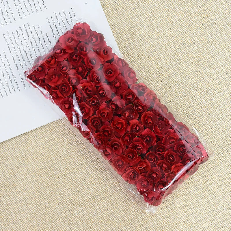 144pcs 2cm Artificial Mini Paper Rose Bouquet for Wedding Party Decoration Home DIY Wreath Gifts Scrapbooking Craft Fake Flowers